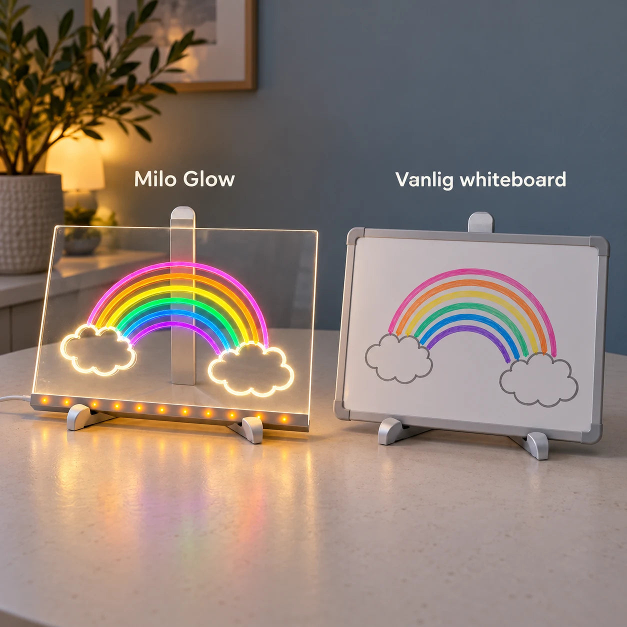 Illustrert sammenligning av lysende tegnebrett og whiteboard